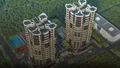 Вид сверху на комплекс. Два здания соединяются стилобатом.