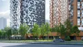 Нижняя часть фасада выполнена в терракотовых и графитовых оттенках, фасады верхних этажей в серебряных.