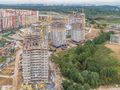 Ход строительства. Корпуса 1-5. Монтаж верхних этажей. Аэрофотосъемка от 21.09.2017 г.