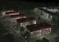 Освещенная в ночное время территория.
