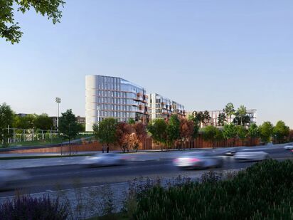 Вид дома с дороги. ЖК «Дом Спорта»|Новострой-М