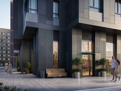 В облицовке используется керамогранит и прочный металл, кирпич горизонтальной кладки сменяется на крупноформатные панели. ЖК «Заречье Парк»|Новострой-М