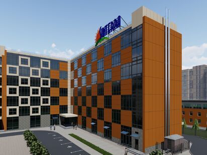 Здание имеет панорамное  остекление с алюминиевыми витражами Sunterra (Сантерра)|Новострой-М