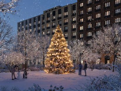 Двор в зимнее время ЖК «Дмитровское небо»|Новострой-М