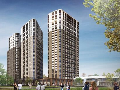 Комплекс включает в себя три корпуса высотой 28 этажей, объединенных общим стилобатом. ЖК «Интеллигент»|Новострой-М