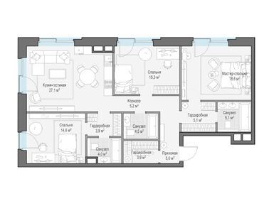 Планировки 3-к. апартаменты в Клубные особняки «Ильинка 3/8»