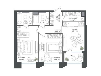 Планировки двухкомнатные в ЖК «Петровский парк II»