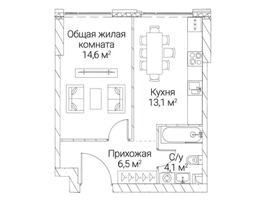 1-комнатная 38.30 кв.м, ЖК «Сезар Силика», 24 129 000 руб.