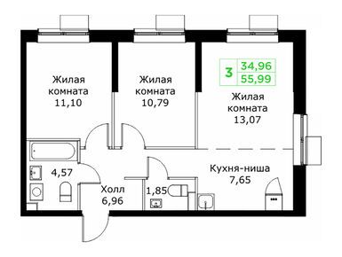 Планировки трехкомнатные в ЖК «КИТ 2»