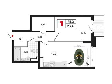 1-комнатная 54.00 кв.м, ЖК «Бестселлер», 22 395 330 руб.