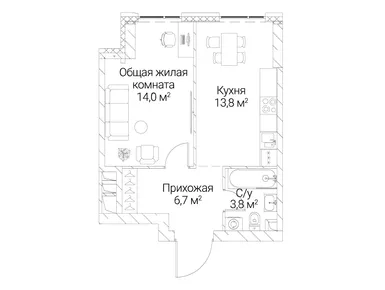 1-комнатная 38.30 кв.м, ЖК «Сезар Силика», 24 129 000 руб.