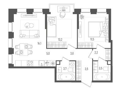 Планировки двухкомнатные в ЖК PAVE (Пэйв)