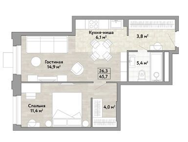 1-комнатная 45.60 кв.м, ЖК «Новые Смыслы», 14 982 131 руб.