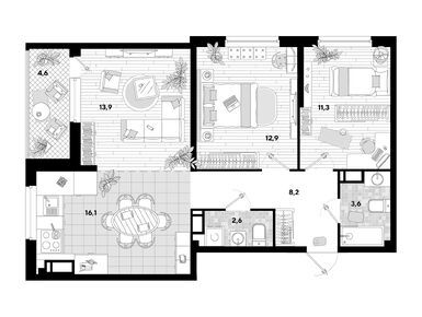 Планировки трехкомнатные в МКР «Самолет»