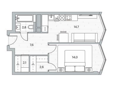 1-комнатная 43.70 кв.м, ЖК «Береговой-2», 37 180 222 руб.