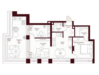 1-комнатная 57.00 кв.м, ЖК «Дом 7 Даниловский», 69 893 400 руб.