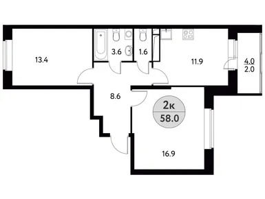 2-комнатная 58.00 кв.м, ЖК «Солнечная Долина», 9 204 064 руб.