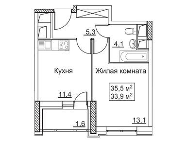 1-комнатная 35.50 кв.м, ЖК «Рассказово», 13 490 000 руб.