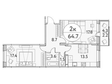 2-комнатная 64.70 кв.м, ЖК «Солнечная Долина», 8 915 289 руб.