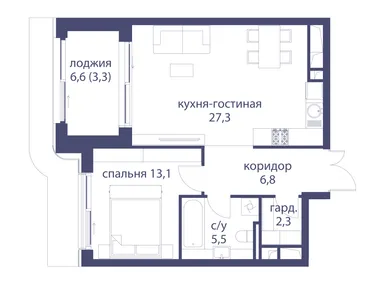 1-комнатная 58.30 кв.м, Клубный дом «Река», 57 367 200 руб.