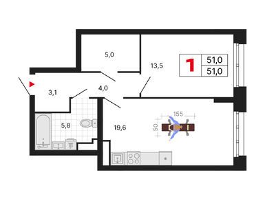 1-комнатная 51.00 кв.м, ЖК «Бестселлер», 22 246 173 руб.