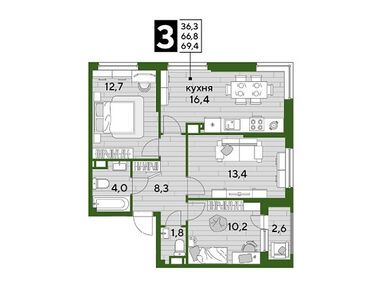 Планировки трехкомнатные в ЖК DOGMA PARK (Догма Парк)