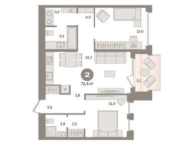 2-комнатная 72.40 кв.м, ЖК «ДОМ А», 42 890 000 руб.