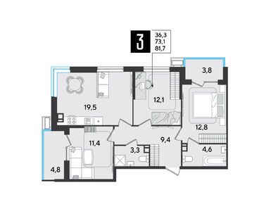 Планировки трехкомнатные в ЖК «Парк Победы» (Краснодар)