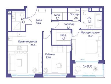 2-комнатная 97.50 кв.м, Клубный дом «Река», 97 500 000 руб.