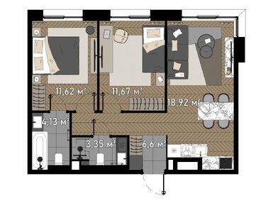 Планировки 2-к. апартаменты в «Зорге 9»