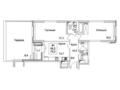 2-комнатная 74.40 кв.м, ЖК «Династия», 36 456 000 руб.