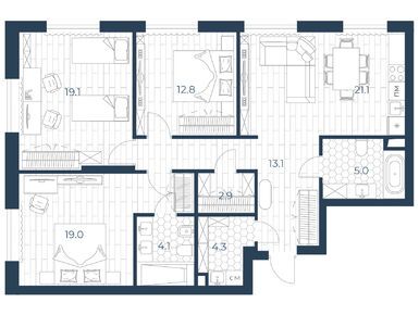 Планировки трехкомнатные в Клубный дом «Интонация»