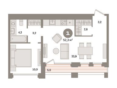 1-комнатная 52.30 кв.м, ЖК «ДОМ А», 35 930 000 руб.