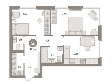 Планировки двухкомнатные в ЖК «Квартал Герцена»