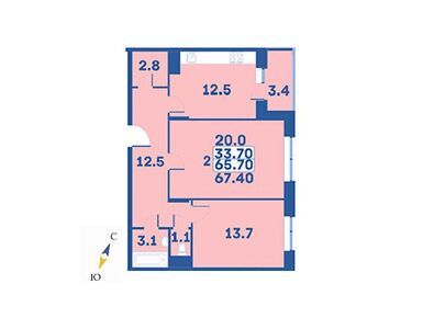 2-комнатная 67.40 кв.м, ЖК «Эдельвейс» (Первомайское), 9 031 600 руб.