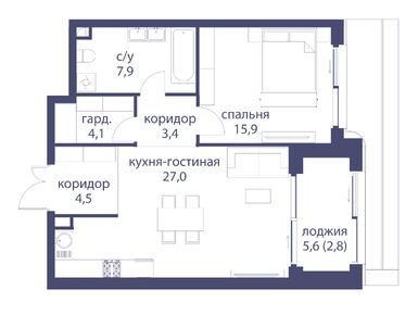1-комнатная 65.60 кв.м, Клубный дом «Река», 60 220 800 руб.