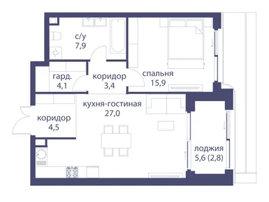 1-комнатная 65.60 кв.м, Клубный дом «Река», 60 417 600 руб.