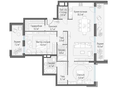 Планировки трехкомнатные в ЖК RiverSky (РиверСкай)