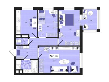 3-комнатная 75.00 кв.м, Клубный дом «Юркино», 10 125 000 руб.