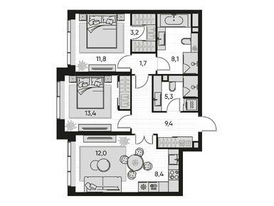 Планировки трехкомнатные в Жилой квартал PRIDE (Прайд)