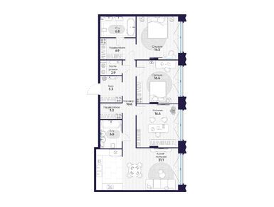 3-комнатная 121.70 кв.м, ЖК «Резиденция Омега», 208 598 000 руб.