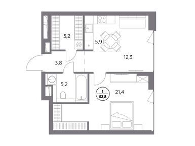 1-комнатная 53.80 кв.м, ЖК «Монблан», 48 035 800 руб.
