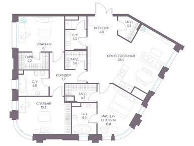 Планировки трехкомнатные в ЖК «Дом XXII» (Дом 22)