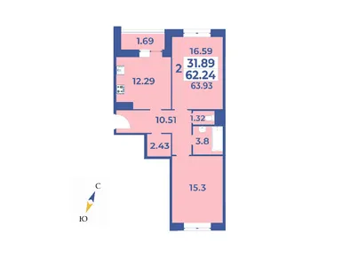 2-комнатная 63.93 кв.м, ЖК «Эдельвейс» (Первомайское), 9 397 710 руб.