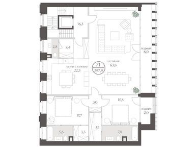 3-комнатная 296.80 кв.м, ЖК «Тессинский, 1», 517 322 400 руб.