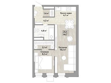 1-комнатная 46.70 кв.м, ЖК «Новые Смыслы», 15 194 802 руб.