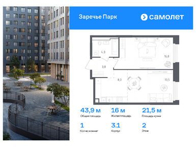 Планировки однокомнатные в ЖК «Заречье Парк»