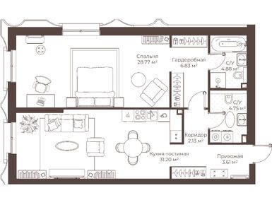 1-комнатная 82.17 кв.м, Клубный дом «Воронцовъ», 120 942 736 руб.