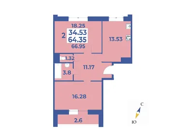 2-комнатная 66.95 кв.м, ЖК «Эдельвейс» (Первомайское), 9 707 750 руб.