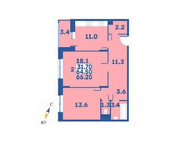 2-комнатная 66.20 кв.м, ЖК «Эдельвейс» (Первомайское), 8 870 800 руб.